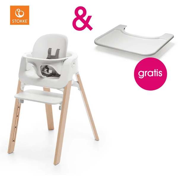STOKKE® Steps™ Hochstuhl Weiß Buche Natur Inkl. Baby Set Weiß + Gratis Tray Weiß